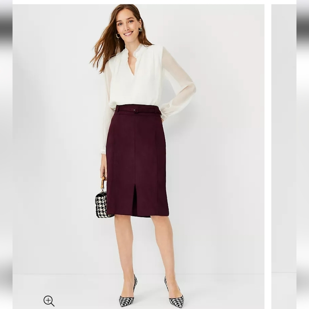 Petite Faux Suede Belted Pencil Skirt in Burgundy/ Wine color NWOT